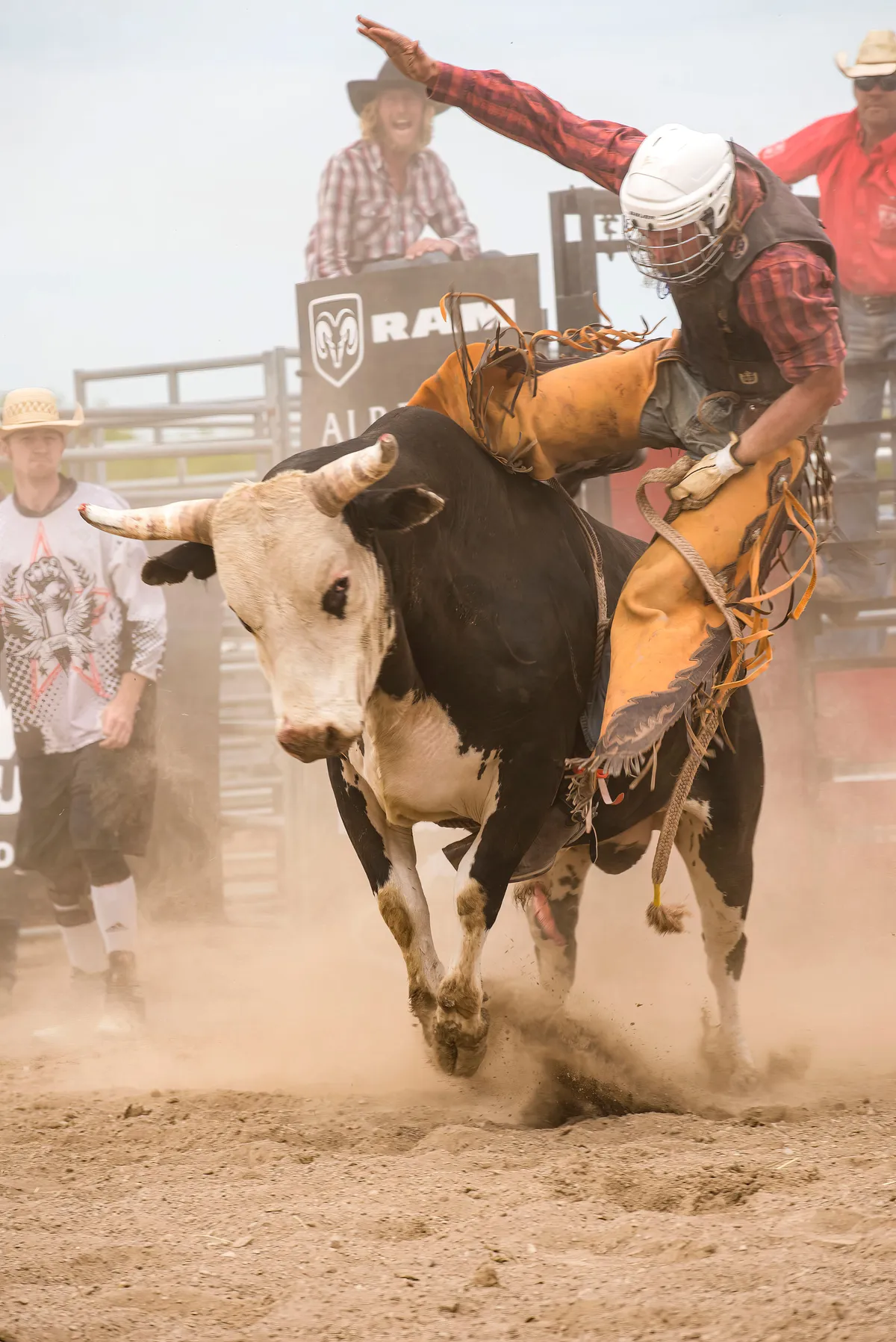 Bull rider in a cloud of arena dust, vertical action shot