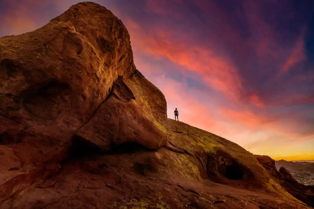Camelback Mountain glowing in late light above Phoenix in winter