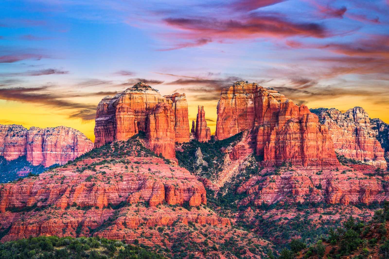 The red rocks in the last pink light of the day above Sedona