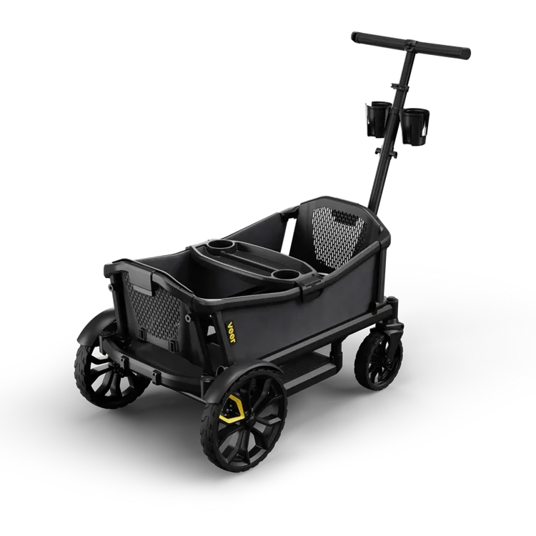 The Veer Cruiser from the side on a clean studio background, showing the push handle, cup holders, snack tray, and all-terrain wheels. Product photo from Veer.